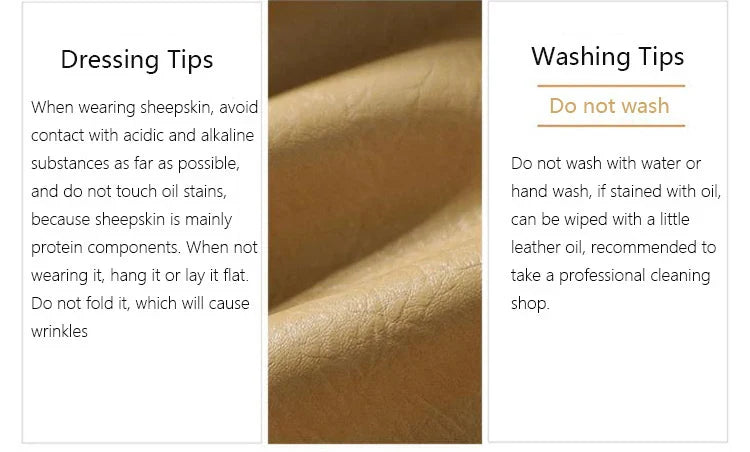 Sheepskin care instructions with a close-up of sheepskin texture.