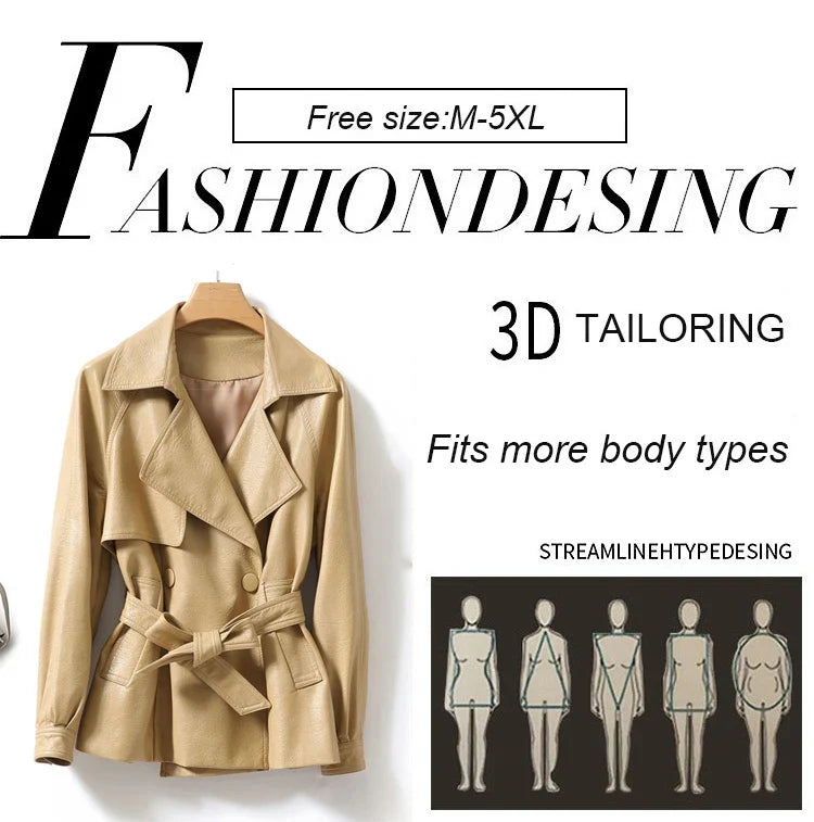 Beige trench coat on a hanger with 'Fashiondesing' branding and size information.