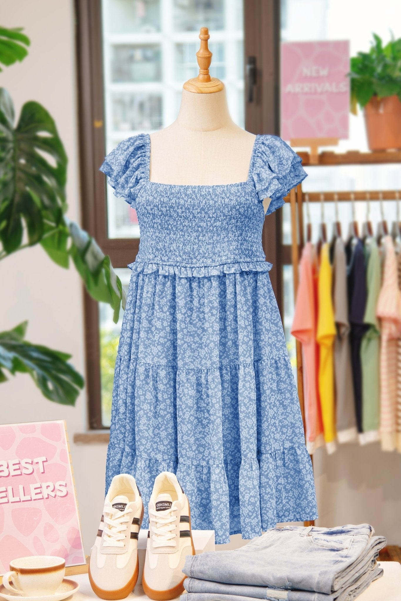 Blue floral dress on a mannequin with sneakers and folded clothes in a store setting