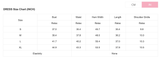 Dress size chart in inches with measurements for bust, waist, hem width, length, and shoulder girdle.