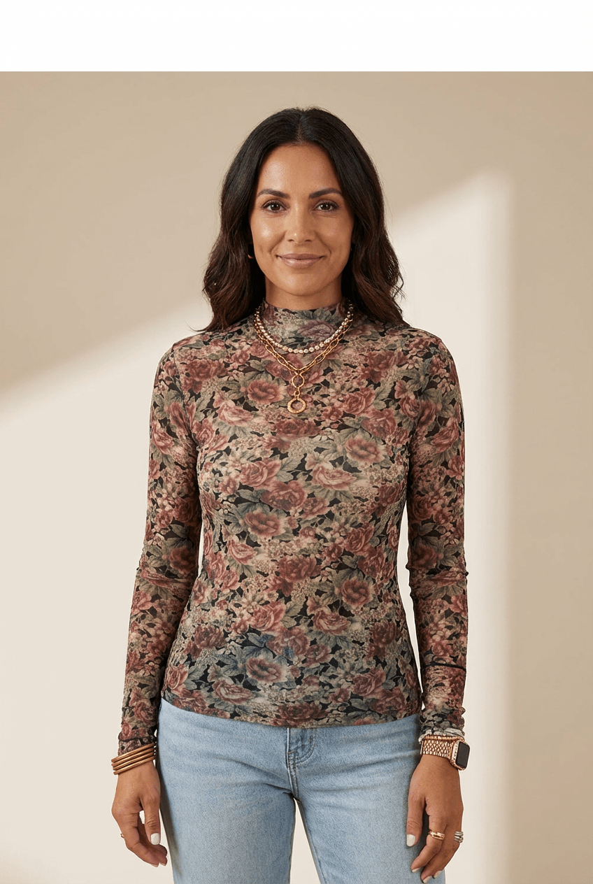 Floral Long Sleeve Mesh Mock Neck Top | Zarnesh
