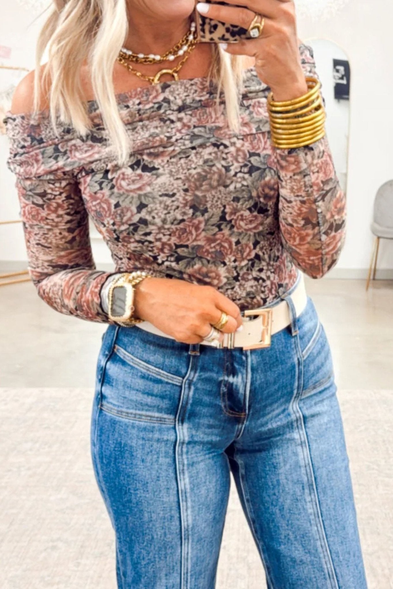 Floral Mesh Off Shoulder Bodysuit Top | Zarnesh