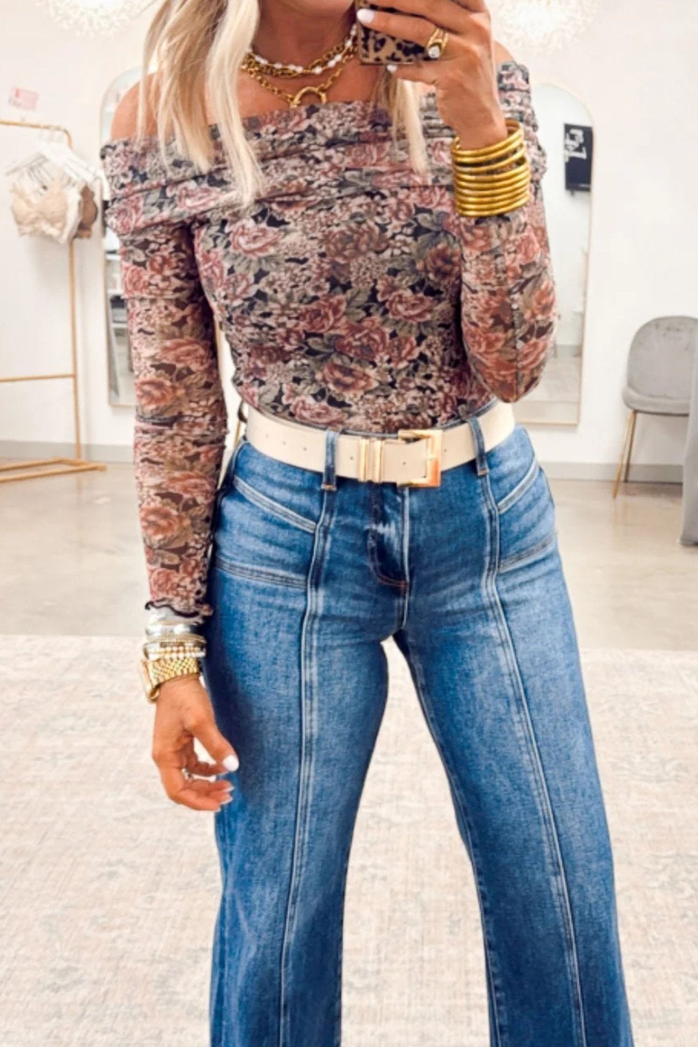 Floral Mesh Off Shoulder Bodysuit Top | Zarnesh