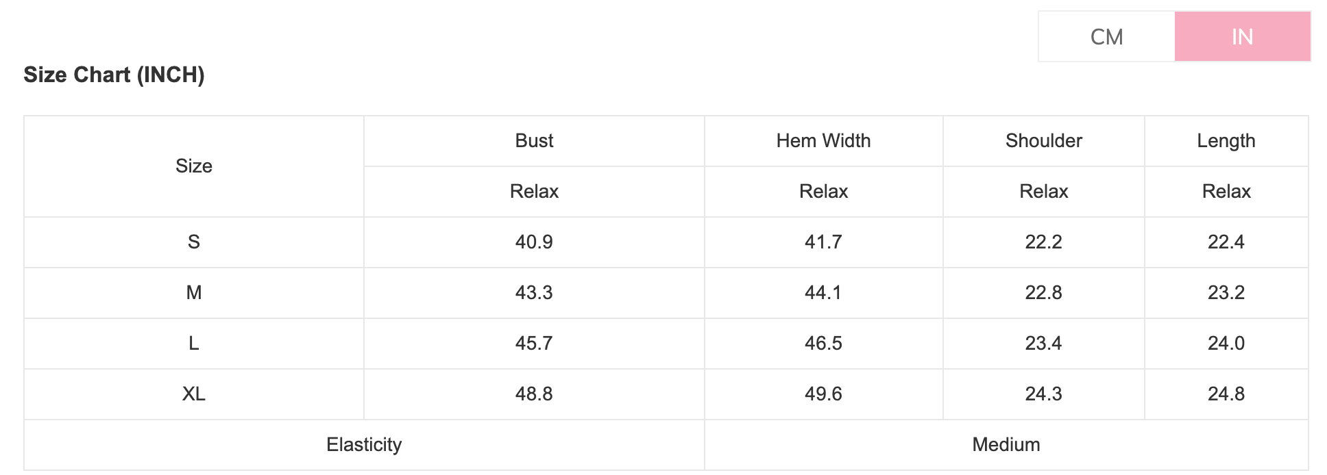Size chart for clothing measurements in inches and centimeters