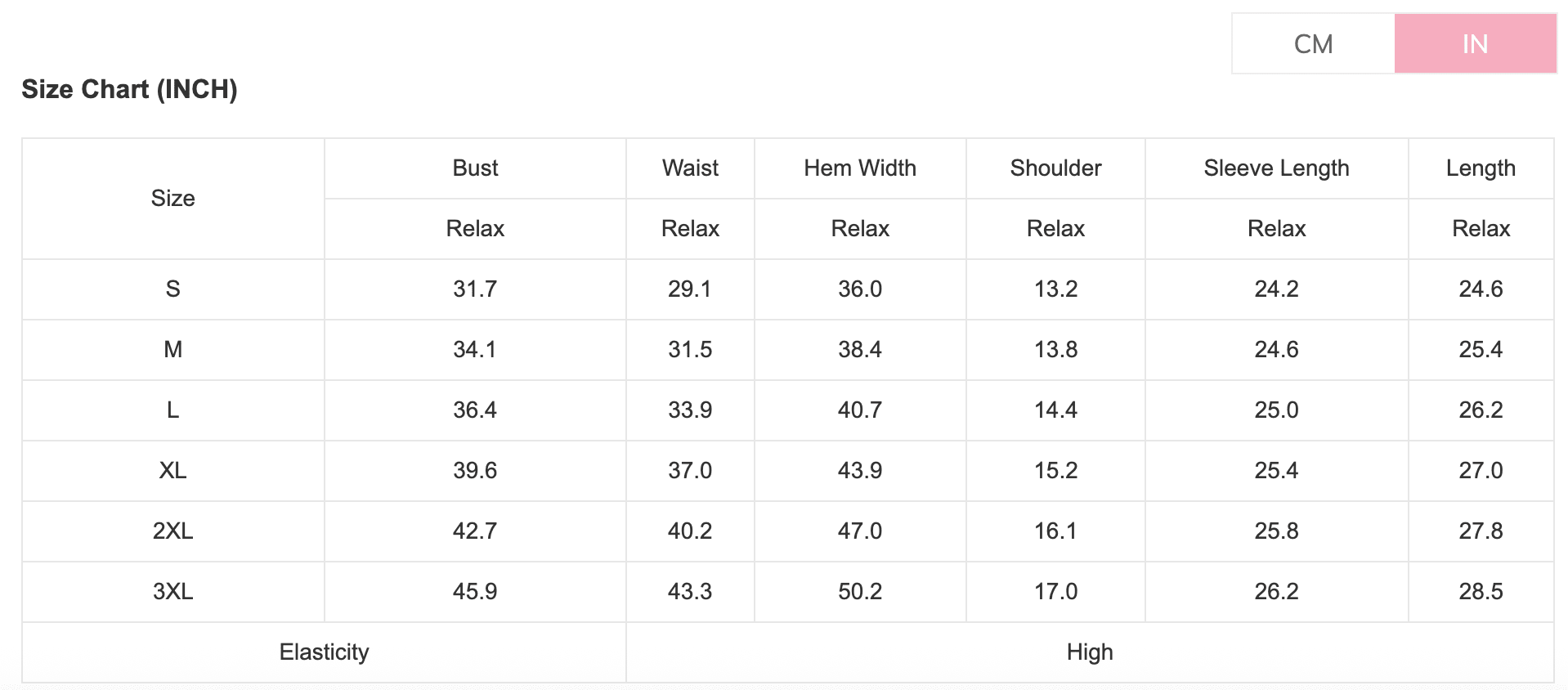Size chart for clothing measurements in inches and centimeters