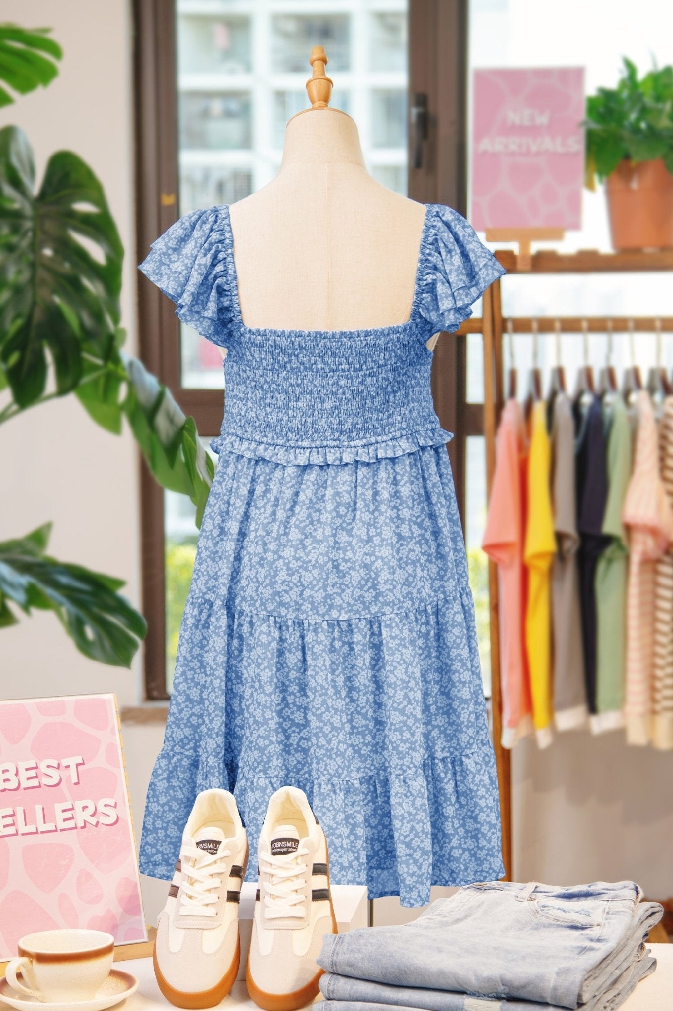 Blue floral dress on a mannequin with sneakers and folded clothes in a store setting