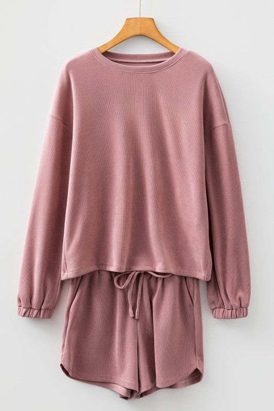 Women’s Solid Textured Knit Pullover Shorts Loungewear Set | Zarnesh