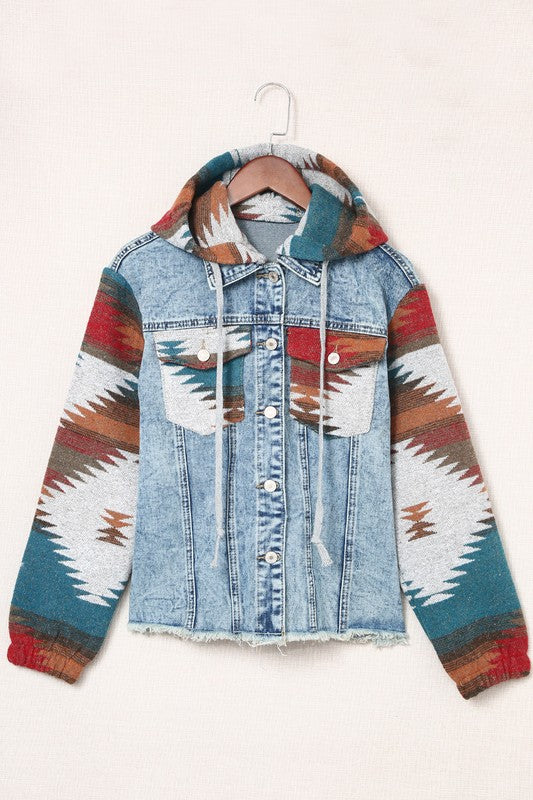 Women's Geometric Vintage Frayed Hem Denim Jacket | Zarnesh