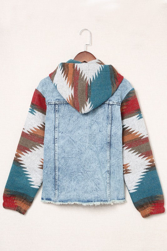 Women's Geometric Vintage Frayed Hem Denim Jacket | Zarnesh