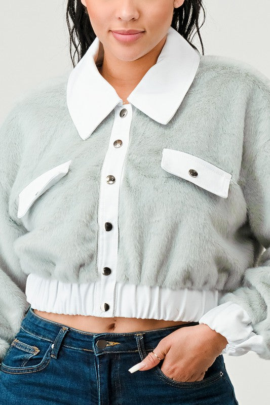 Women Athina Drop Shoulder Denim Contrast Fur Crop Jacket Zarnesh