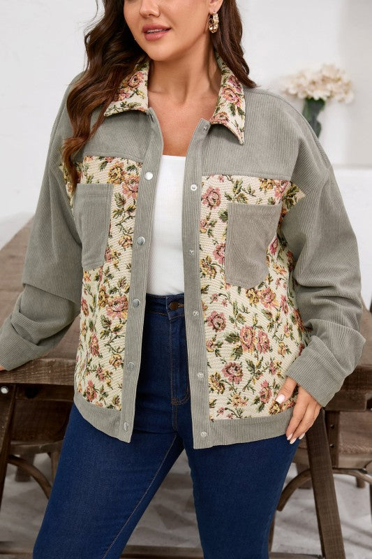 Women’s Plus Size Floral Corduroy Patchwork Shacket Jacket | Zarnesh