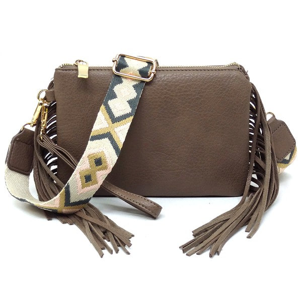 Women Aztec Guitar Strap Fringe Clutch Crossbody Bag Zarnesh