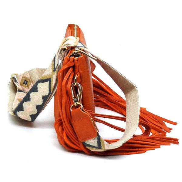 Women Aztec Guitar Strap Fringe Clutch Crossbody Bag Zarnesh