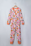Halloween pajama set with pumpkins, ghosts, bats, and orange trim on hanger.