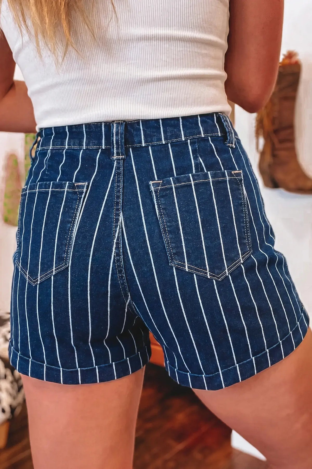 High Waisted Pinstripe Cuffed Denim Shorts | Zarnesh
