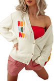 A woman wearing an off-white knit cardigan with colorful 'HO HO HO!' lettering on the front, styled open over a red bandeau top and red-and-white gingham shorts against a plain white background.