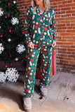 Woman in green Christmas pajamas with candy cane and ornament print.