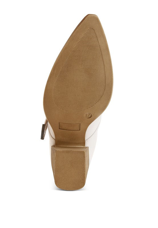 Women Holler Carved Buckle Statement Block Heel Mules Zarnesh