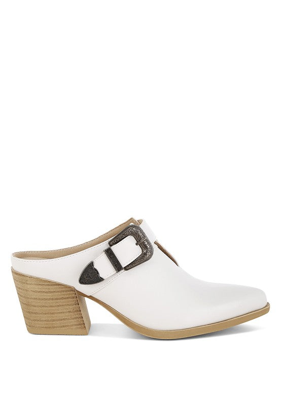 Women Holler Carved Buckle Statement Block Heel Mules Zarnesh