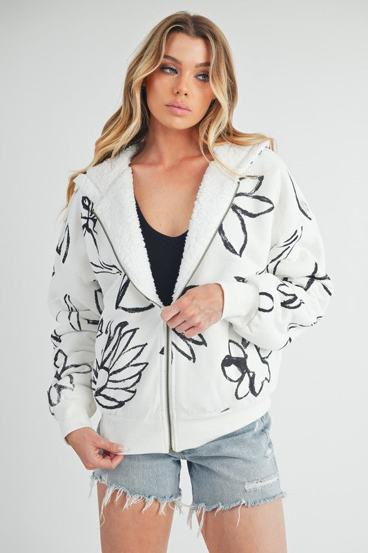 Women’s Oita Flower Print Zip Up Sherpa Hoodie Jacket | Zarnesh