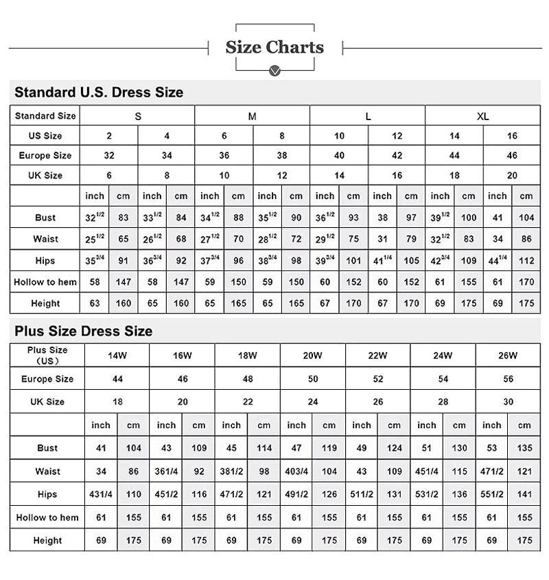 Size chart for standard U.S., Europe, and UK dress sizes with measurements.