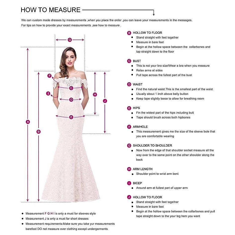 Measurement guide for custom-made dresses with a model wearing a white lace dress.