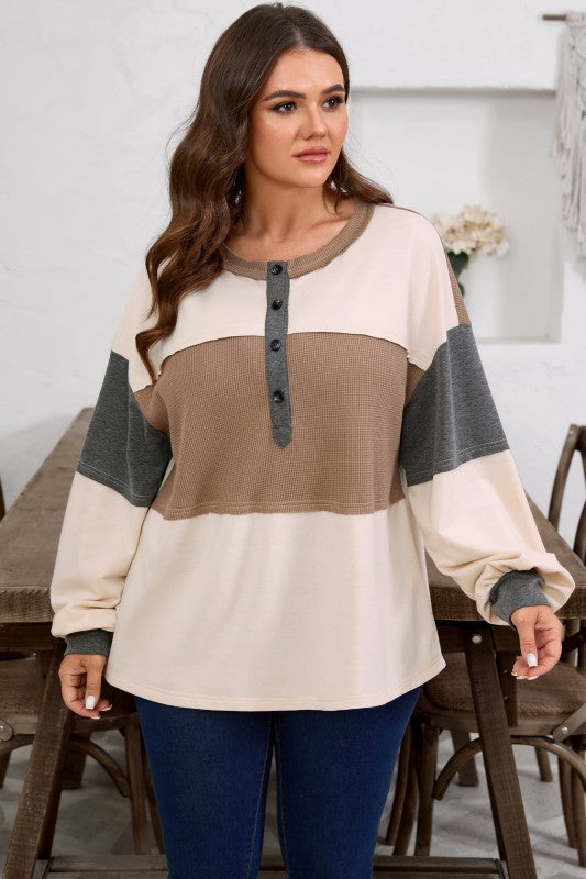 Women’s Plus Size Waffle Colorblock Henley Half-Button Top | Zarnesh