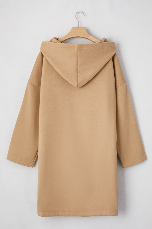 Women’s Beige Solid Casual Longline Hooded Zip Up Coat | Zarnesh
