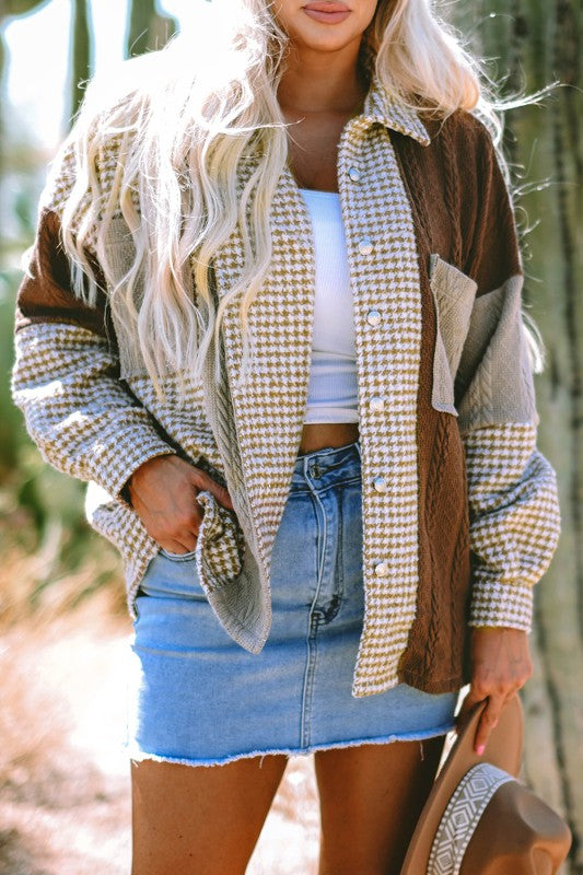 Women’s Colorblock Textured Patchwork Houndstooth Shacket | Zarnesh