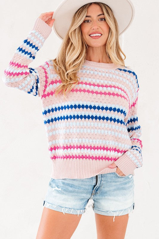 Women’s Eyelet Striped Pullover Knit Drop Shoulder Sweater | Zarnesh
