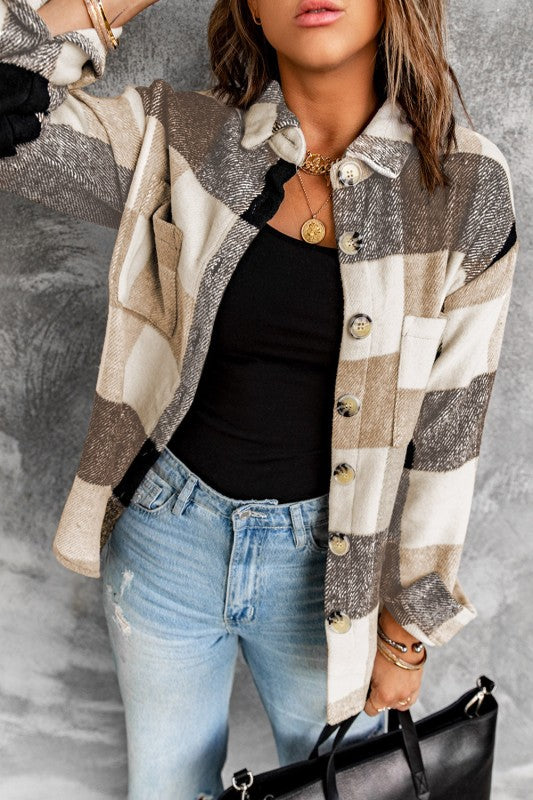 Women’s Plus Checkered Plaid Button-Up Pocketed Shacket | Zarnesh