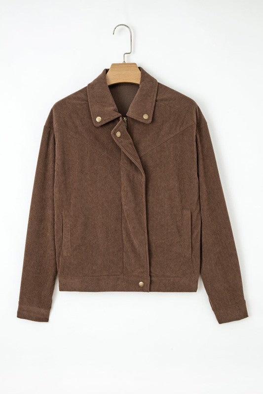 Women’s Solid Corduroy Zip-Up Lapel Collar Buttoned Jacket | Zarnesh