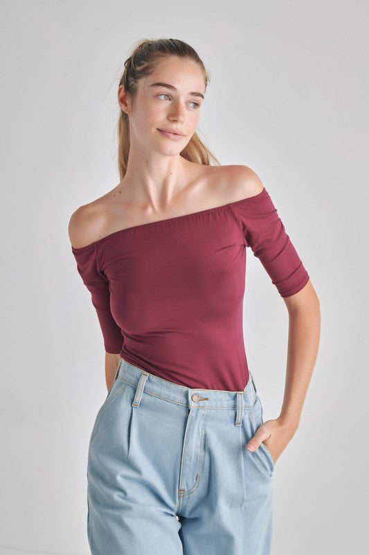 Women Soft Stretch Knit Fabric Short Sleeves Off Shoulder Top Zarnesh