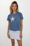Woman wearing a blue t-shirt with a star and 'LOVE' graphic on a white background