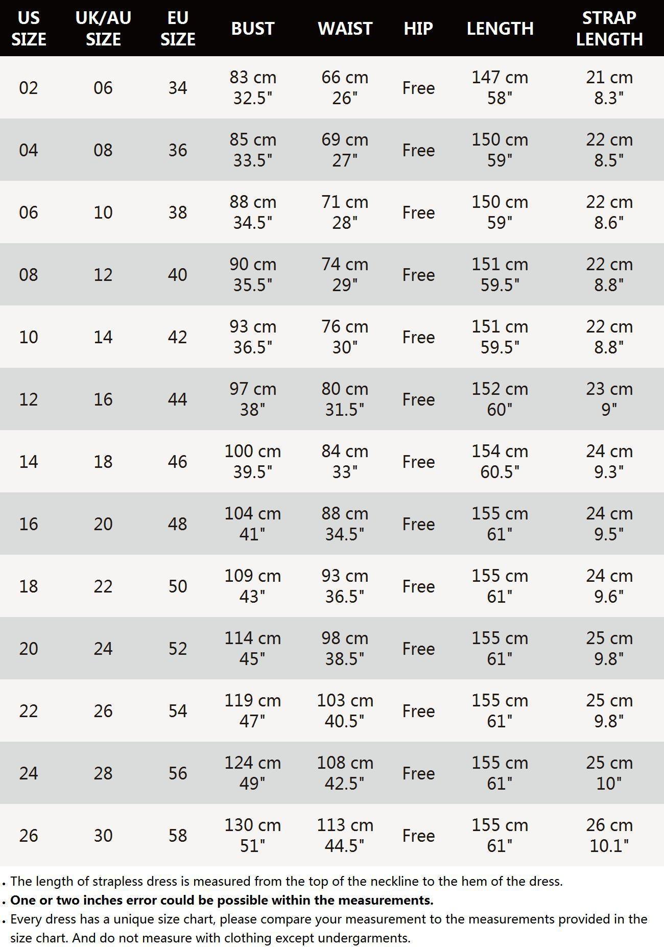 Measurement chart for dresses with size, bust, waist, hip, length, and strap length details.