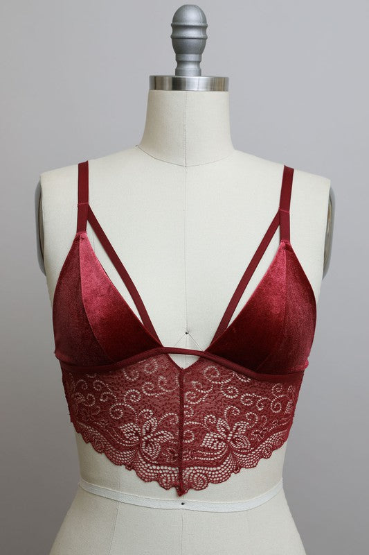 Women Velvet Longline Lace Pullover Adjustable Straps Bralette Zarnesh