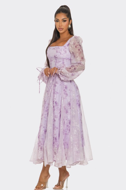 Women Fitted Bodice Square Neckline Lavender Blossom Puff Sleeve Dress Zarnesh