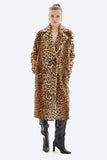 Person wearing a leopard print coat on a white background