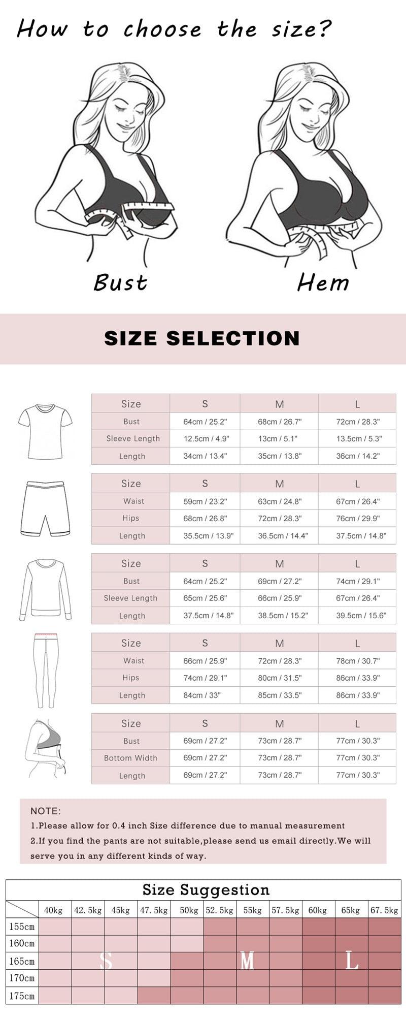 Size selection chart for clothing with illustrations and measurements