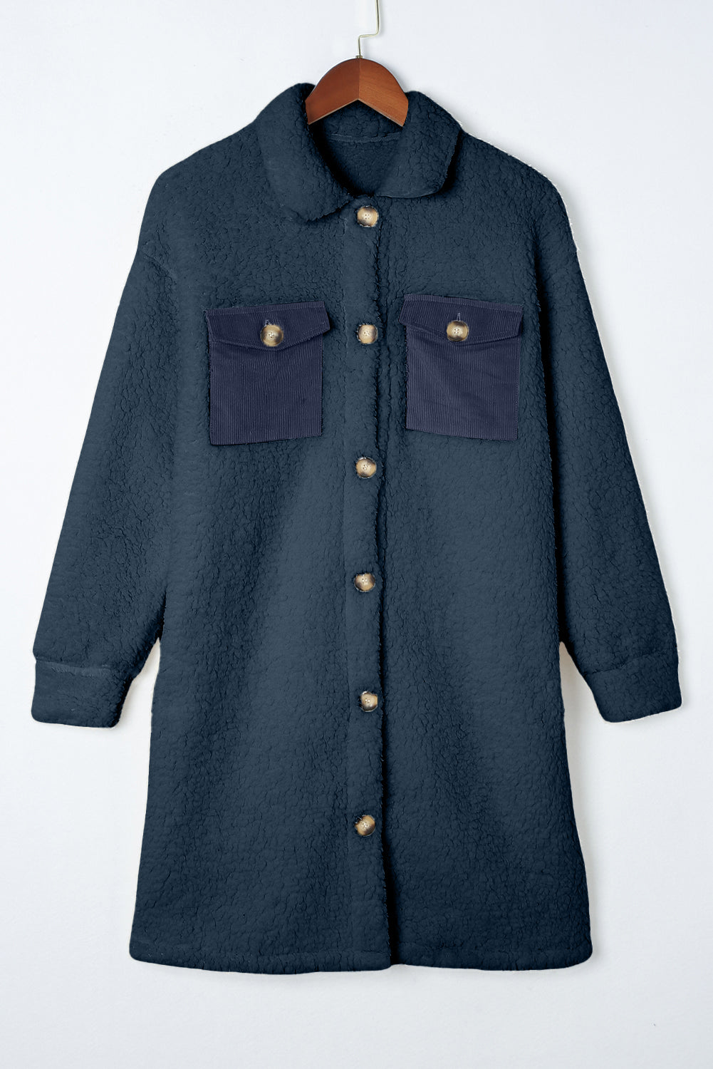 Navy blue coat with button details on a white background.
