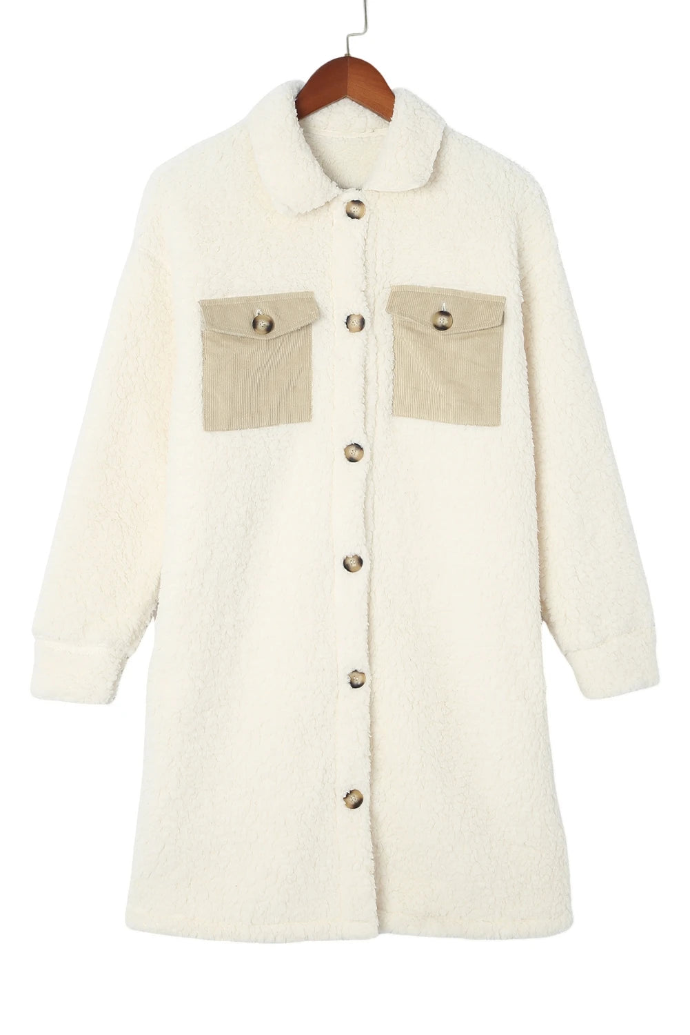 Off-white sherpa coat with beige pocket flaps and brown buttons on a wooden hanger.