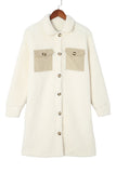 Off-white sherpa coat with beige pocket flaps and brown buttons on a wooden hanger.