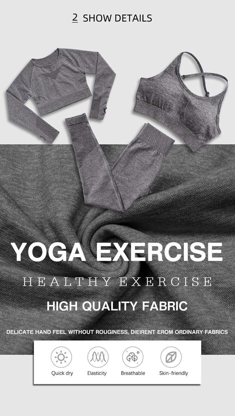 Yoga and exercise wear with text highlighting healthy exercise and high-quality fabric on a gray background.