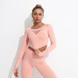 Woman wearing a pink long-sleeve top and pants with mesh detail on a white background
