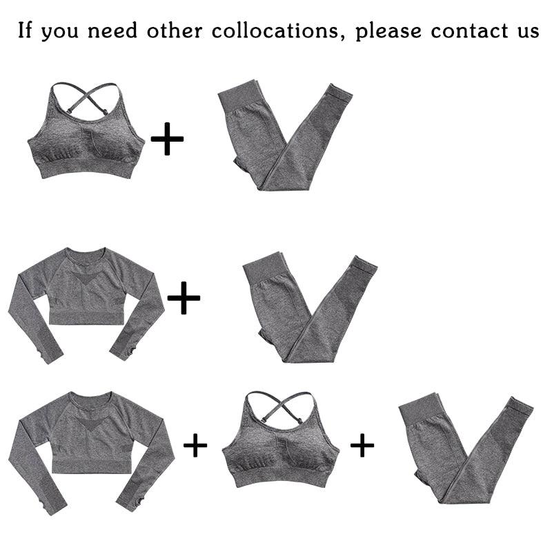 Gray athletic wear set including sports bra, leggings, and crop top on a white background.