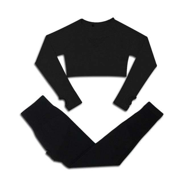 Black long-sleeve top and pants set on a white background