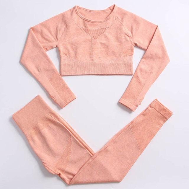 Pink long-sleeve crop top and leggings set on a light gray background
