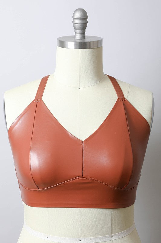 Women Plus Faux Leather Eye Hook And Closure Longline Bralette Zarnesh