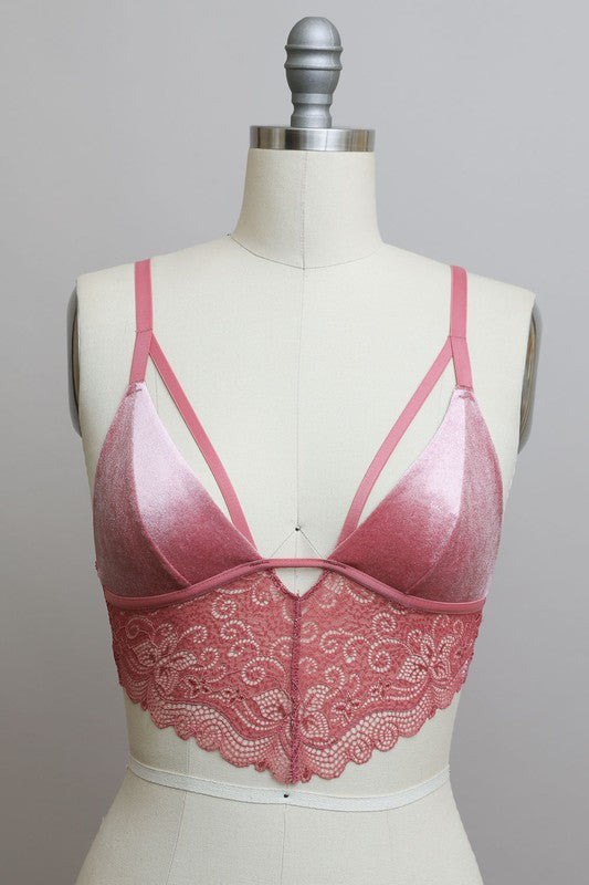 Women Velvet Longline Lace Pullover Adjustable Straps Bralette Zarnesh