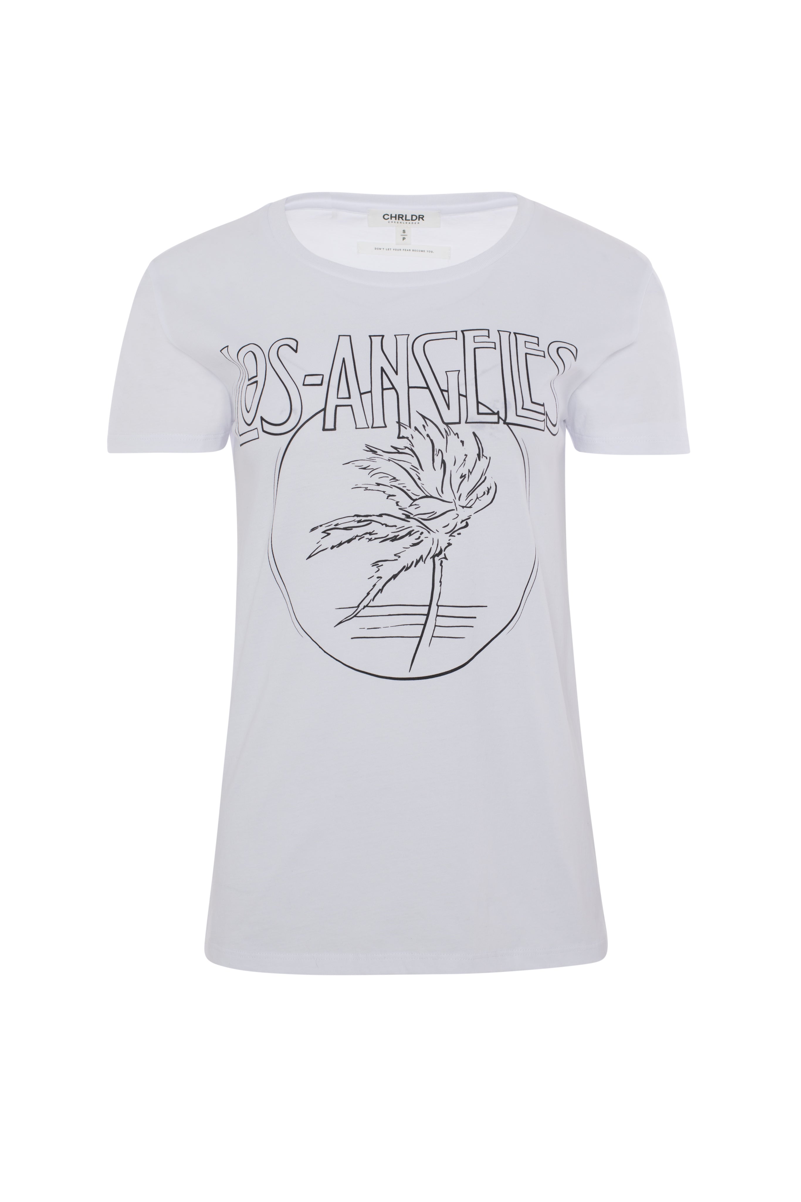 White t-shirt with 'Los Angeles' and palm tree design on a white background